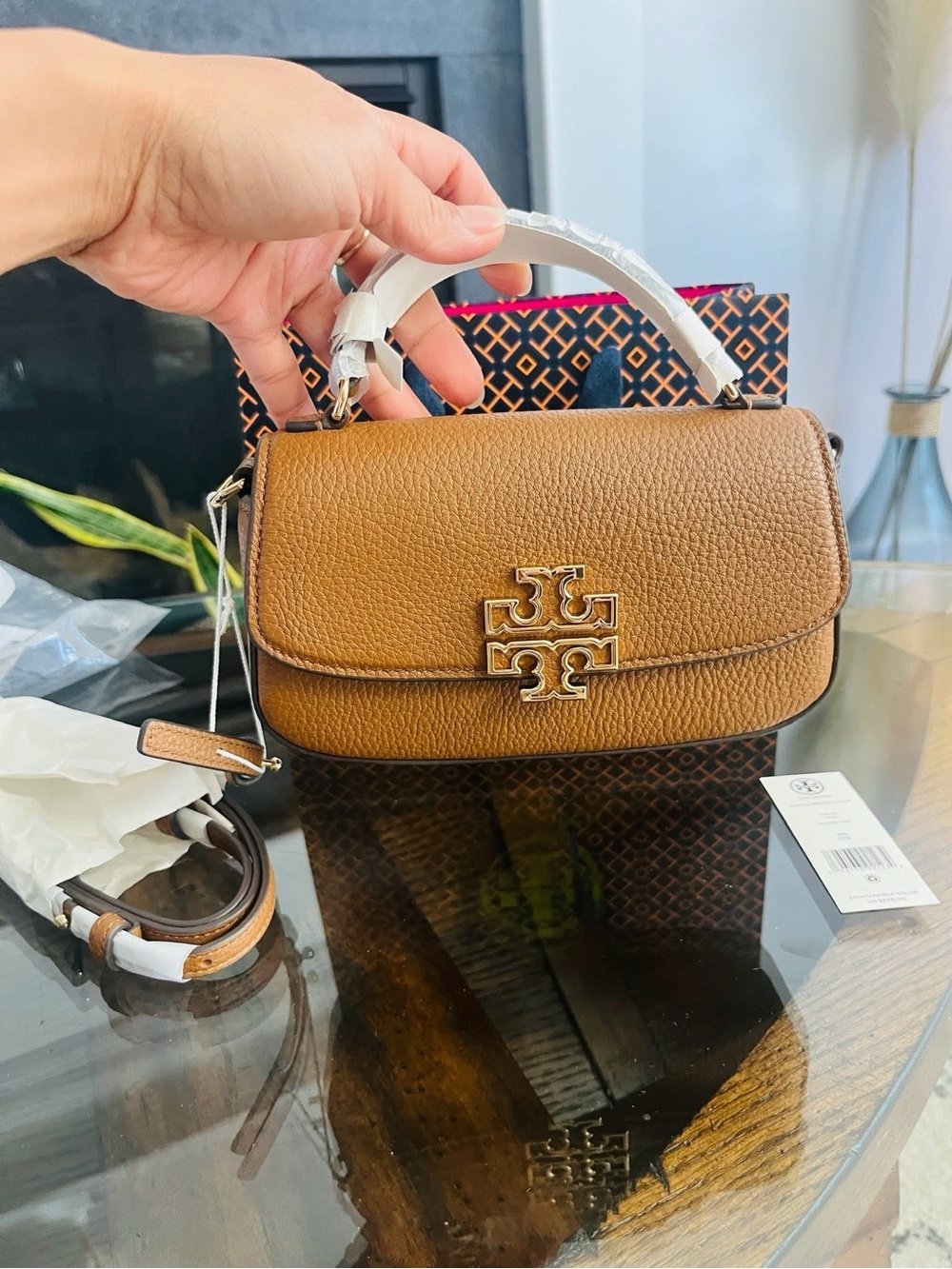 Tory Burch Britten top handle Pebbled Leather Satchel in Cognac Brown